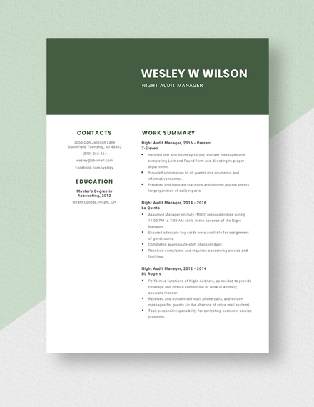 Night Audit Manager Resume Template