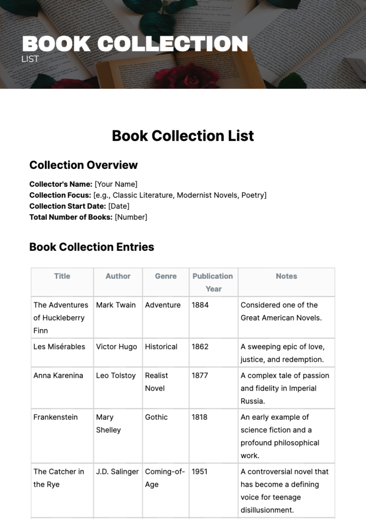 Book Collection List Template