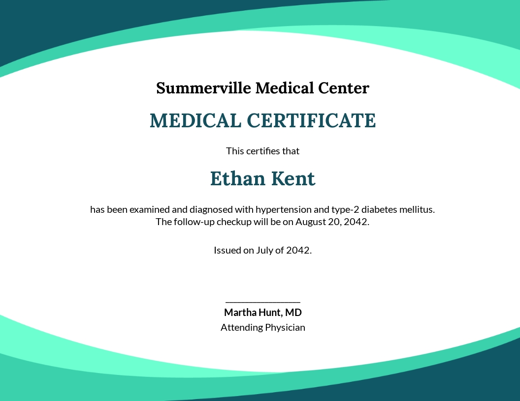 Sample Medical Certificate from Doctor Template - Google Docs, Word, Publisher
