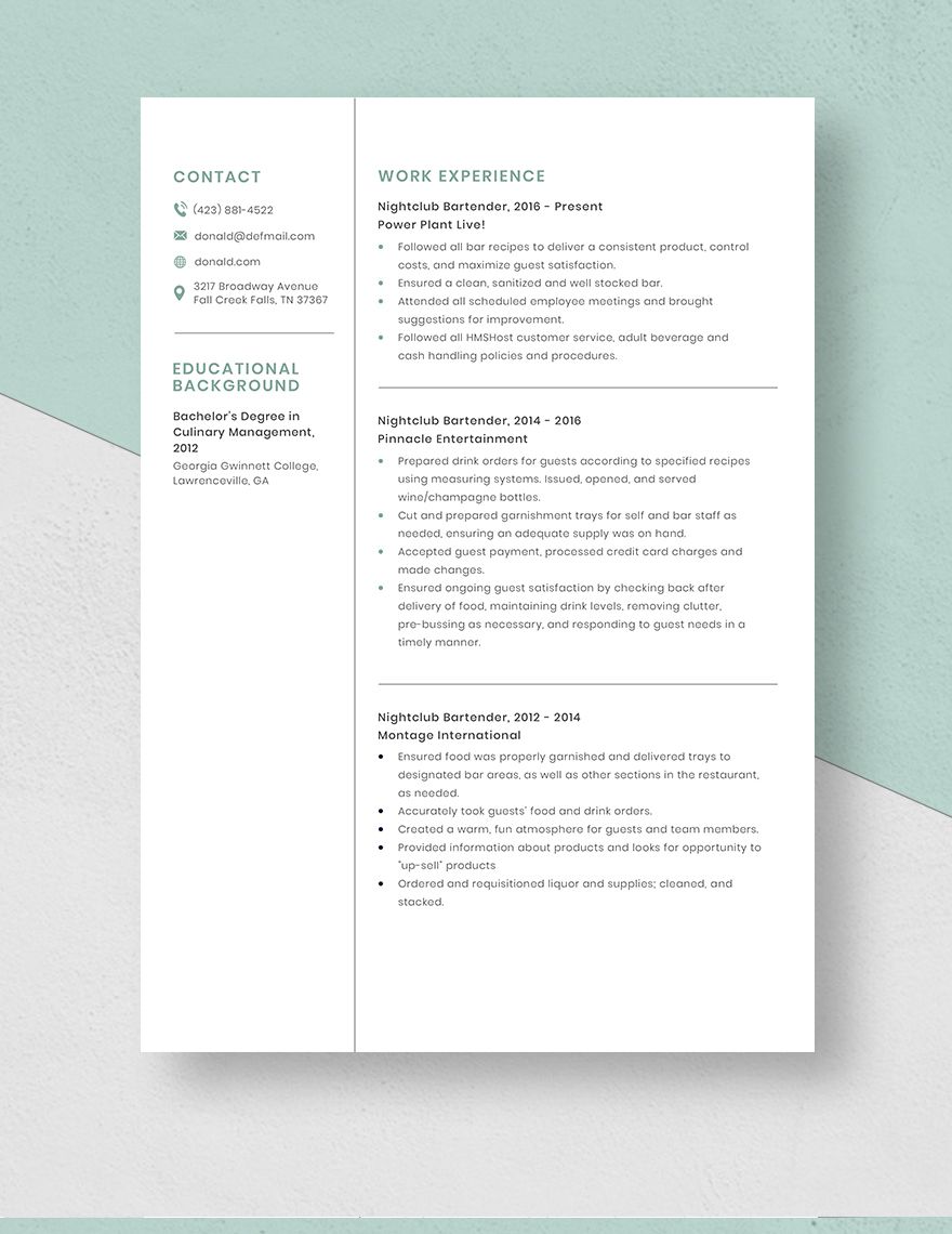 Bartender Resume Download in Word, Apple Pages