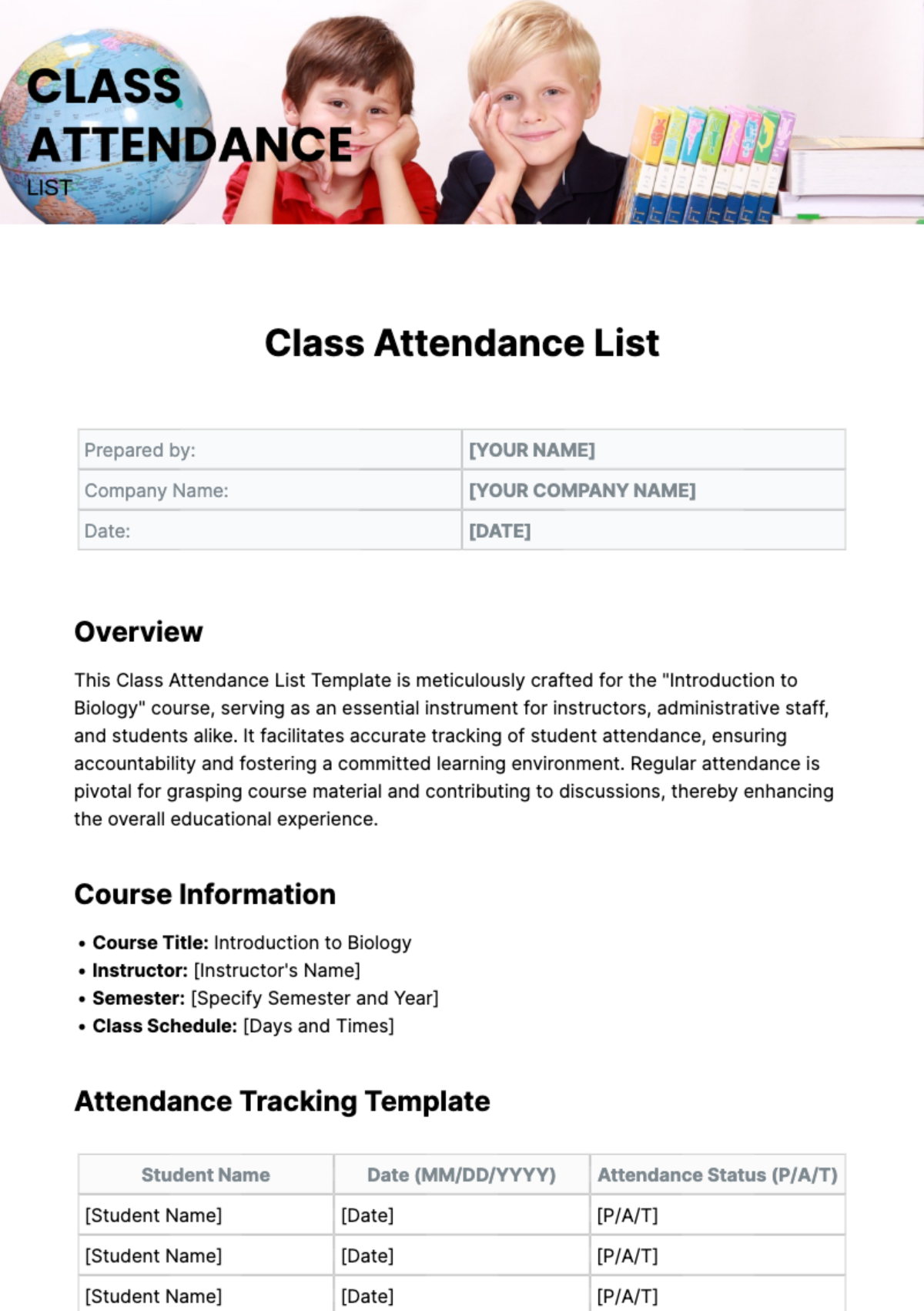 Class Attendance List Template