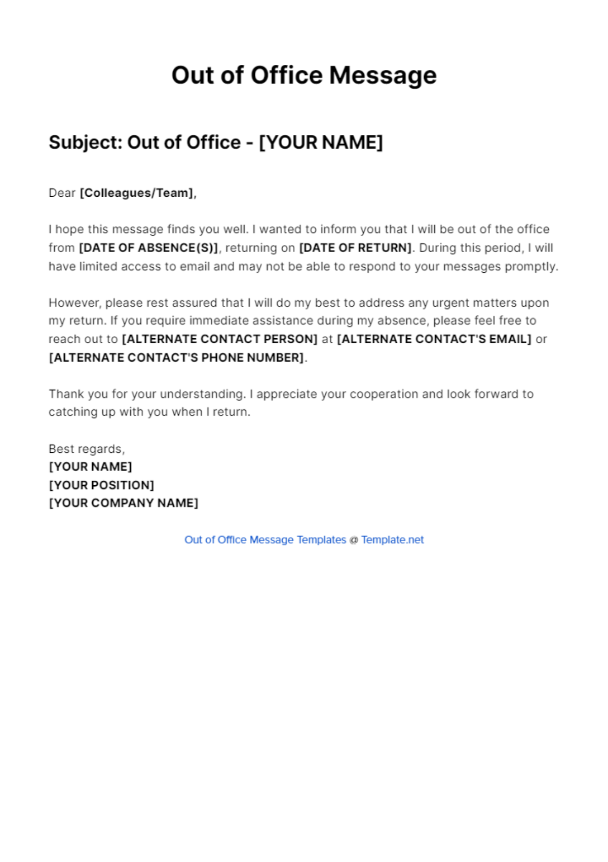 Professional Out Of Office Message Template