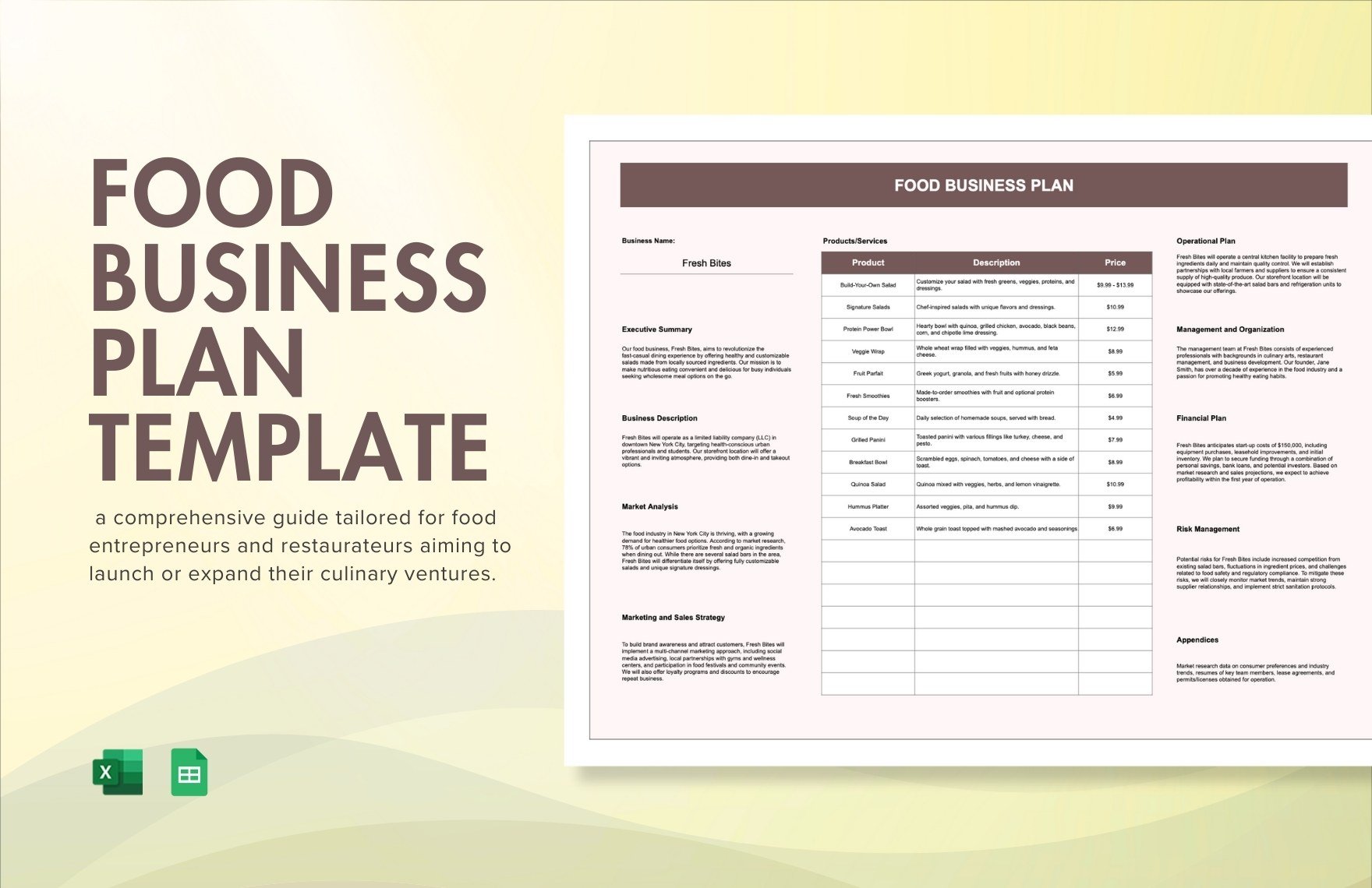 Food Business Plan Template in Excel, Google Sheets
