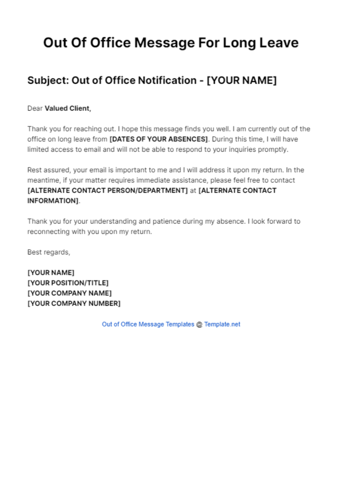 Out Of Office Message For Long Leave Template