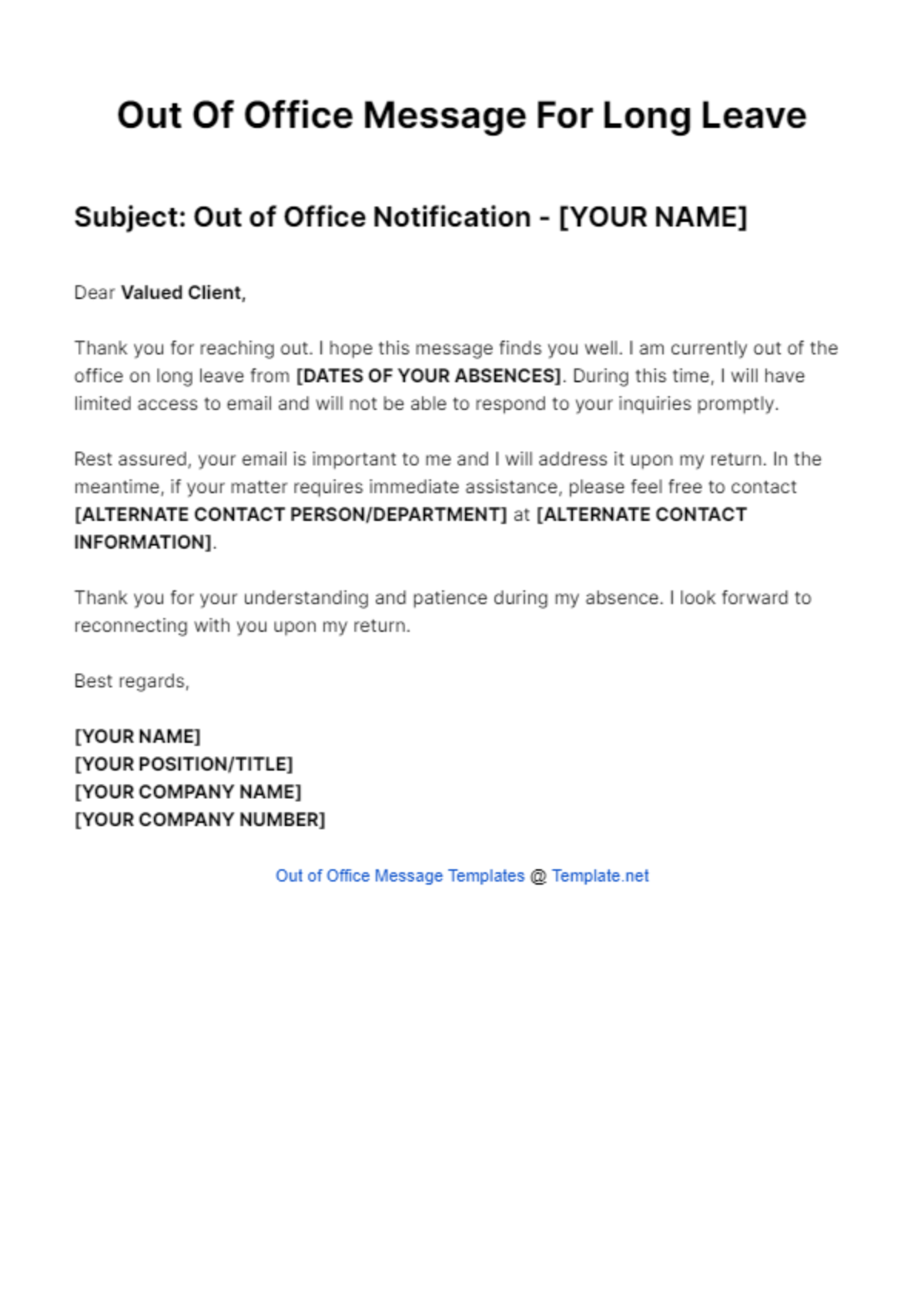 Out Of Office Message For Long Leave Template - Edit Online & Download