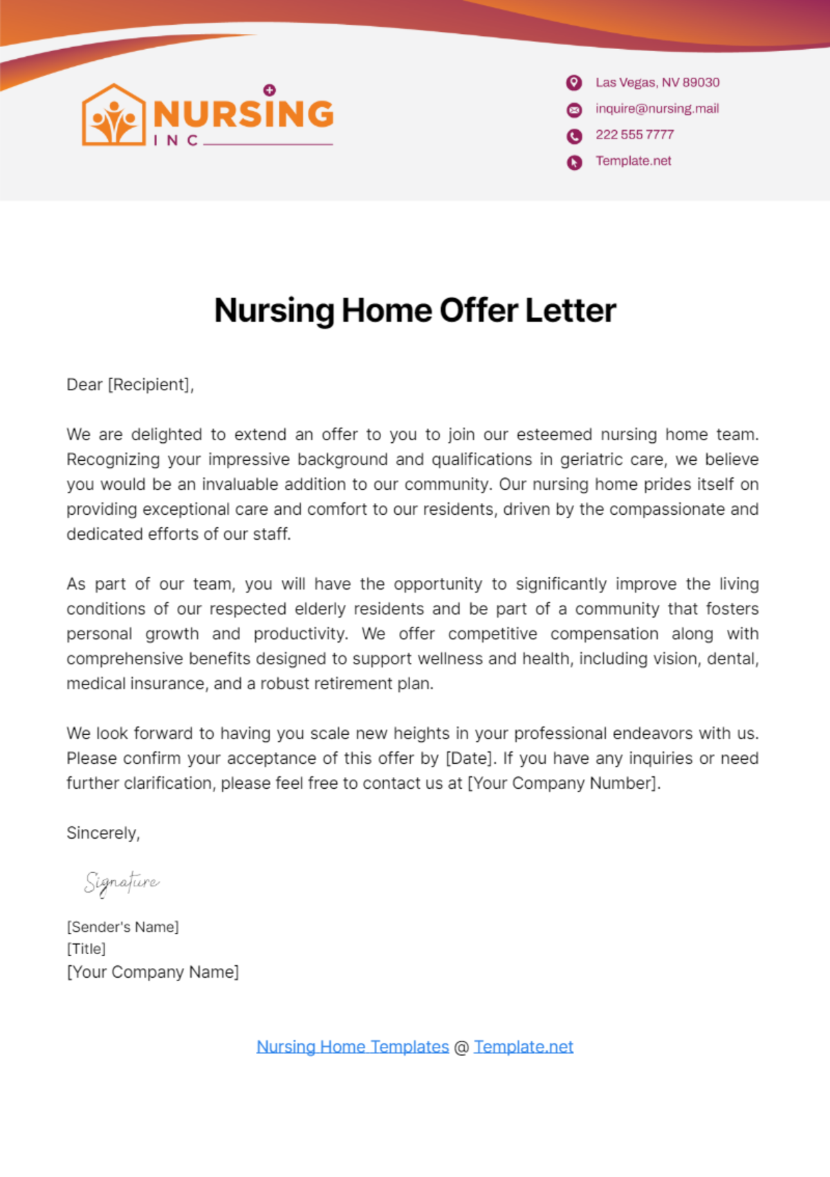 Nursing Home Offer Letter Template