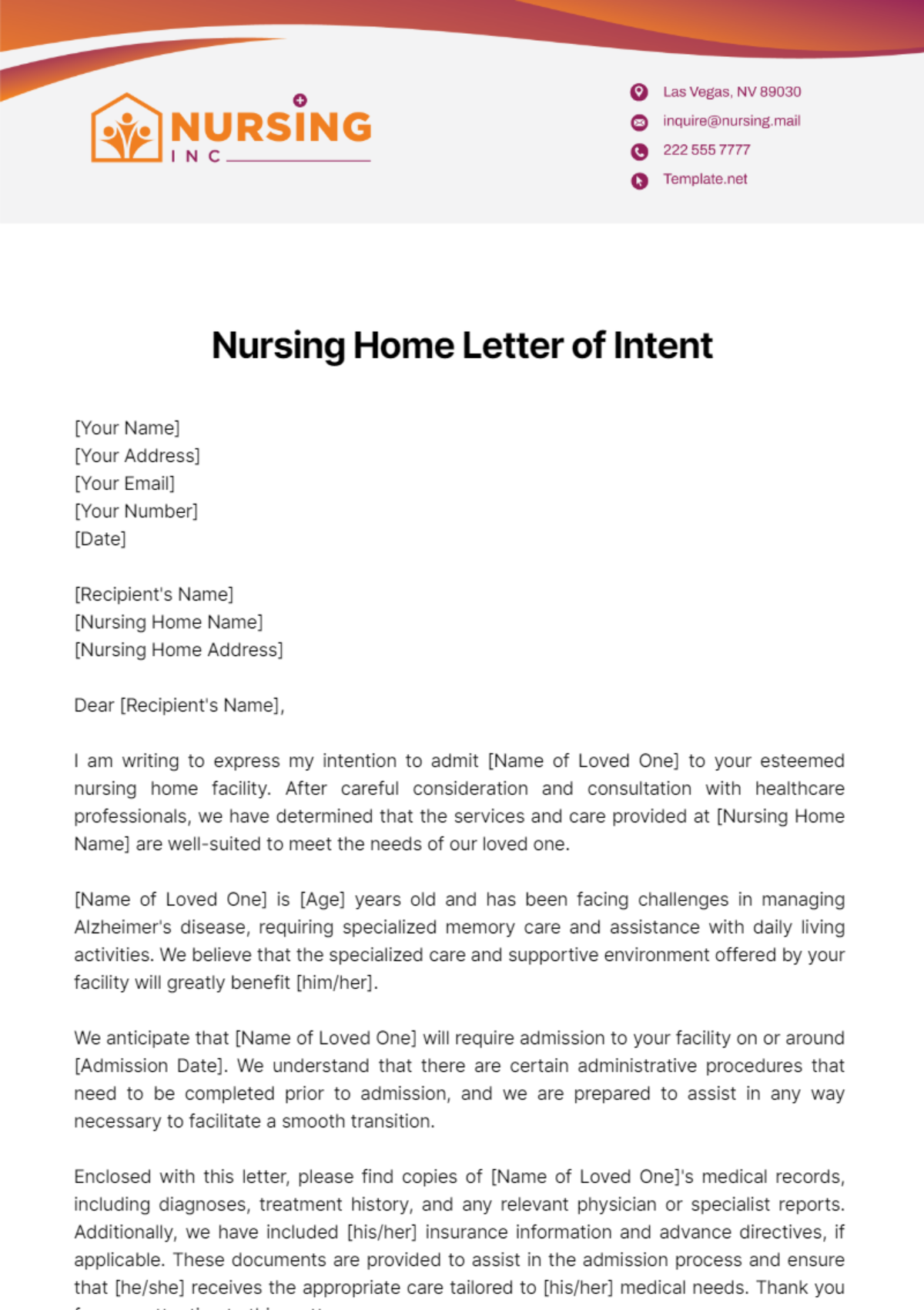 Nursing Home Letter of Intent Template