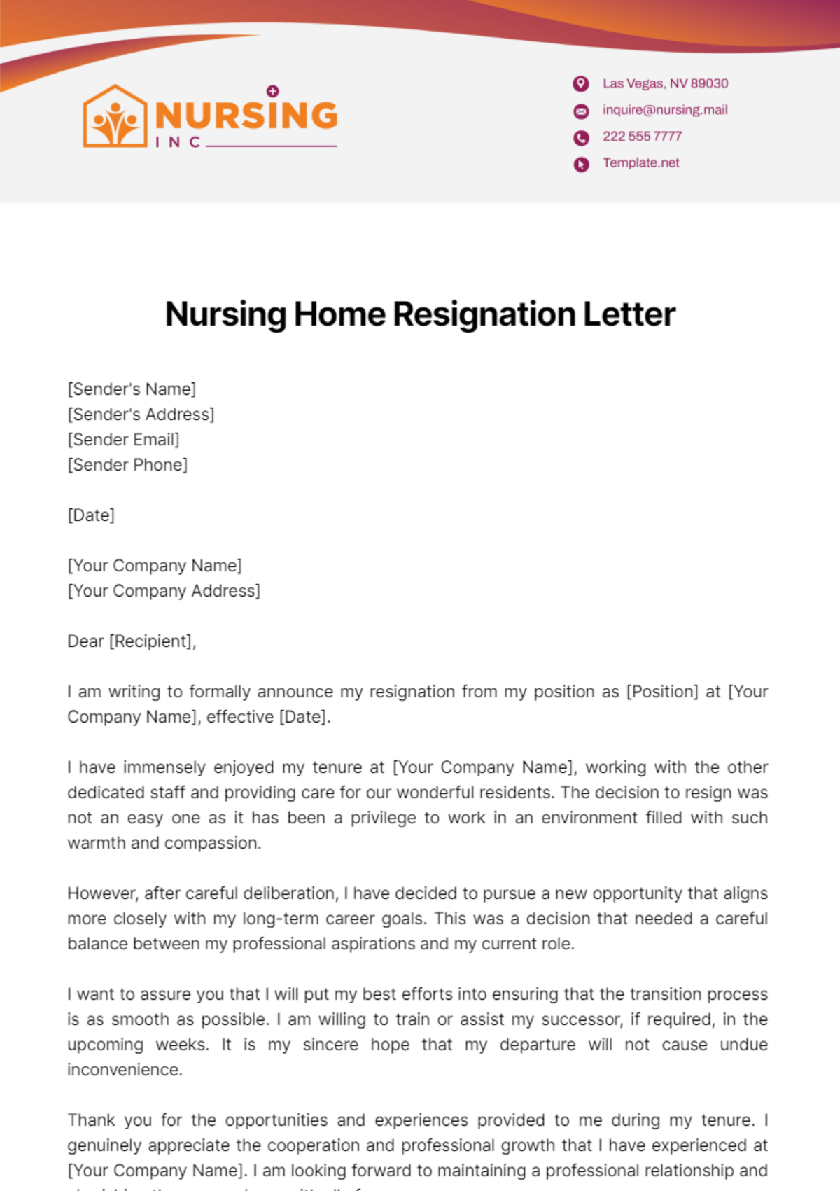 Nursing Home Resignation Letter Template