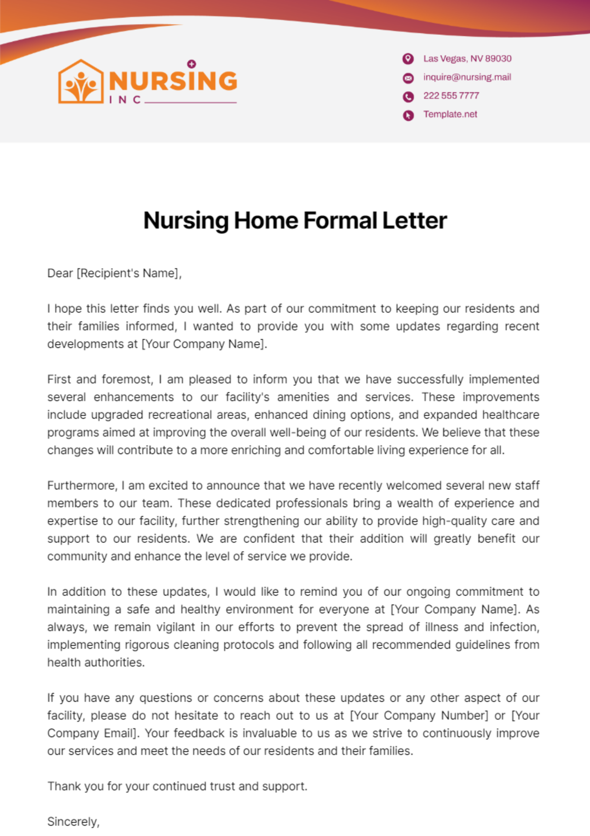 Nursing Home Formal Letter Template