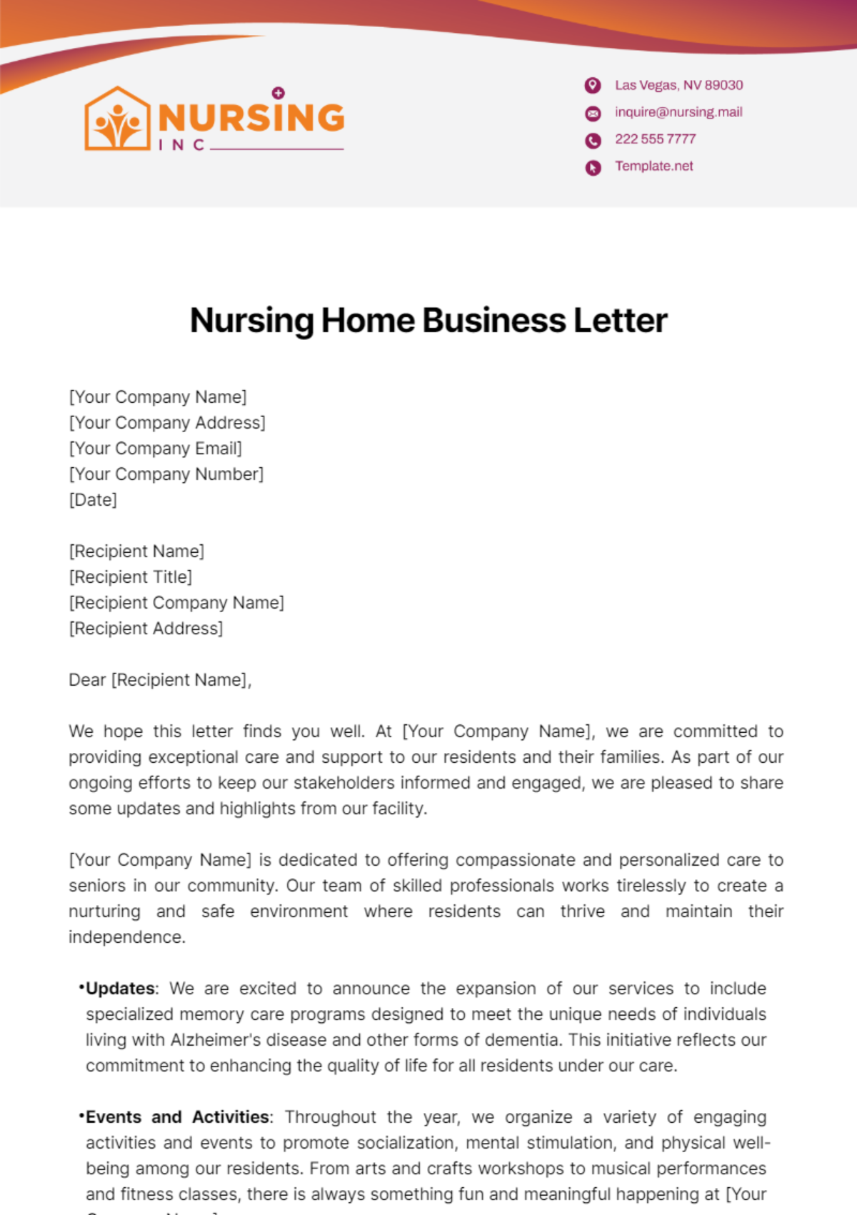 Nursing Home Business Letter Template