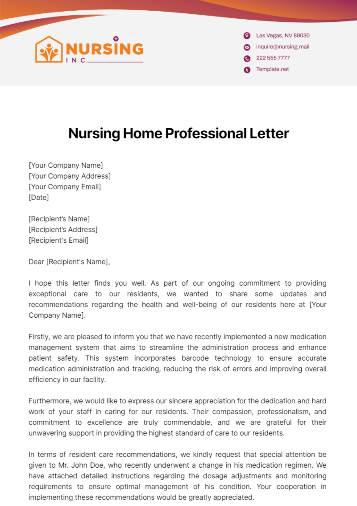 Nursing Home Professional Letter Template