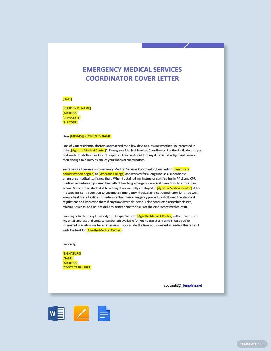 Free Emergency Medical Services Coordinator Cover Letter Template