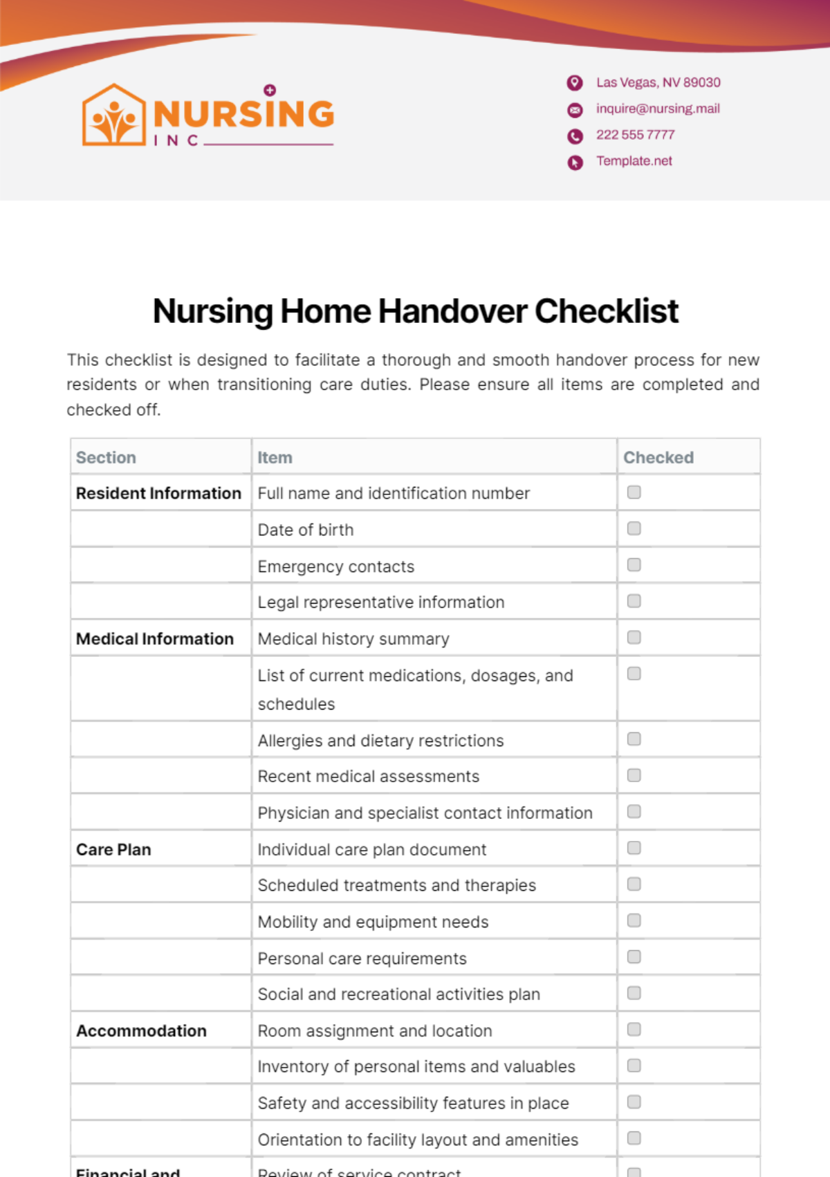 Nursing Home Handover Checklist Template