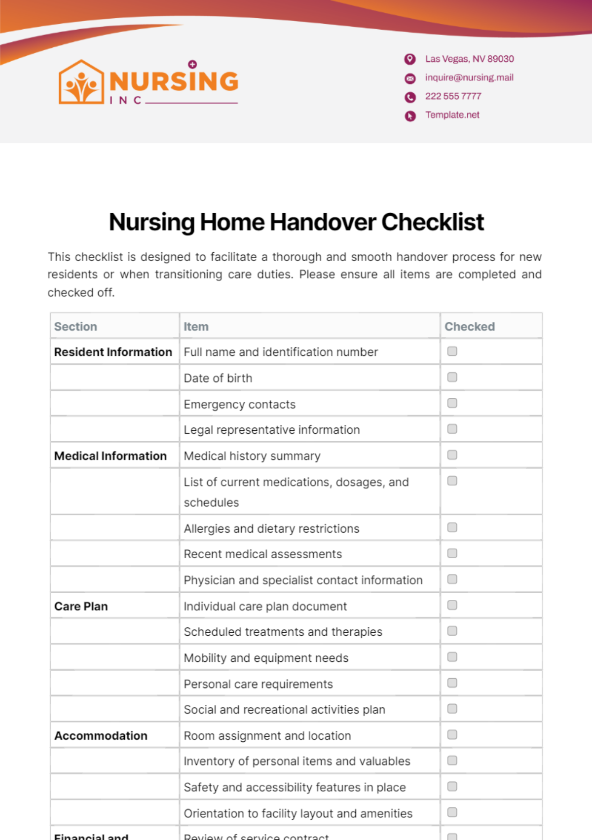 Nursing Home Handover Checklist Template - Edit Online & Download