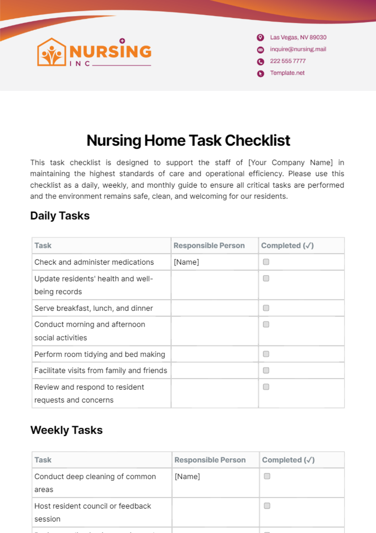 Nursing Home Task Checklist Template