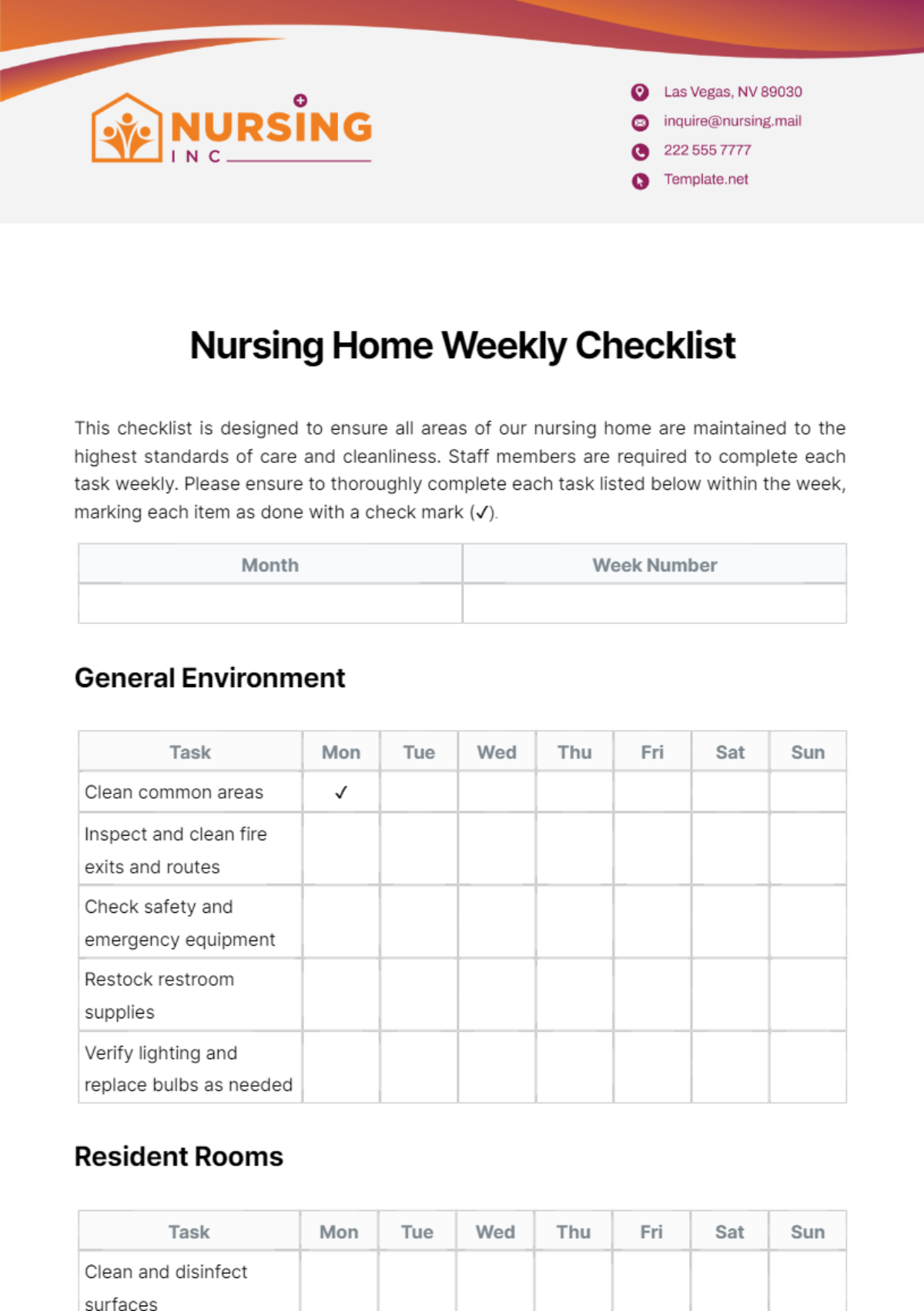 Nursing Home Weekly Checklist Template