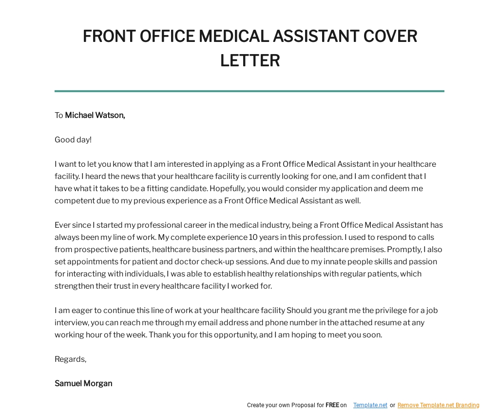 Free Front Office Medical Assistant Cover Letter Template.jpe