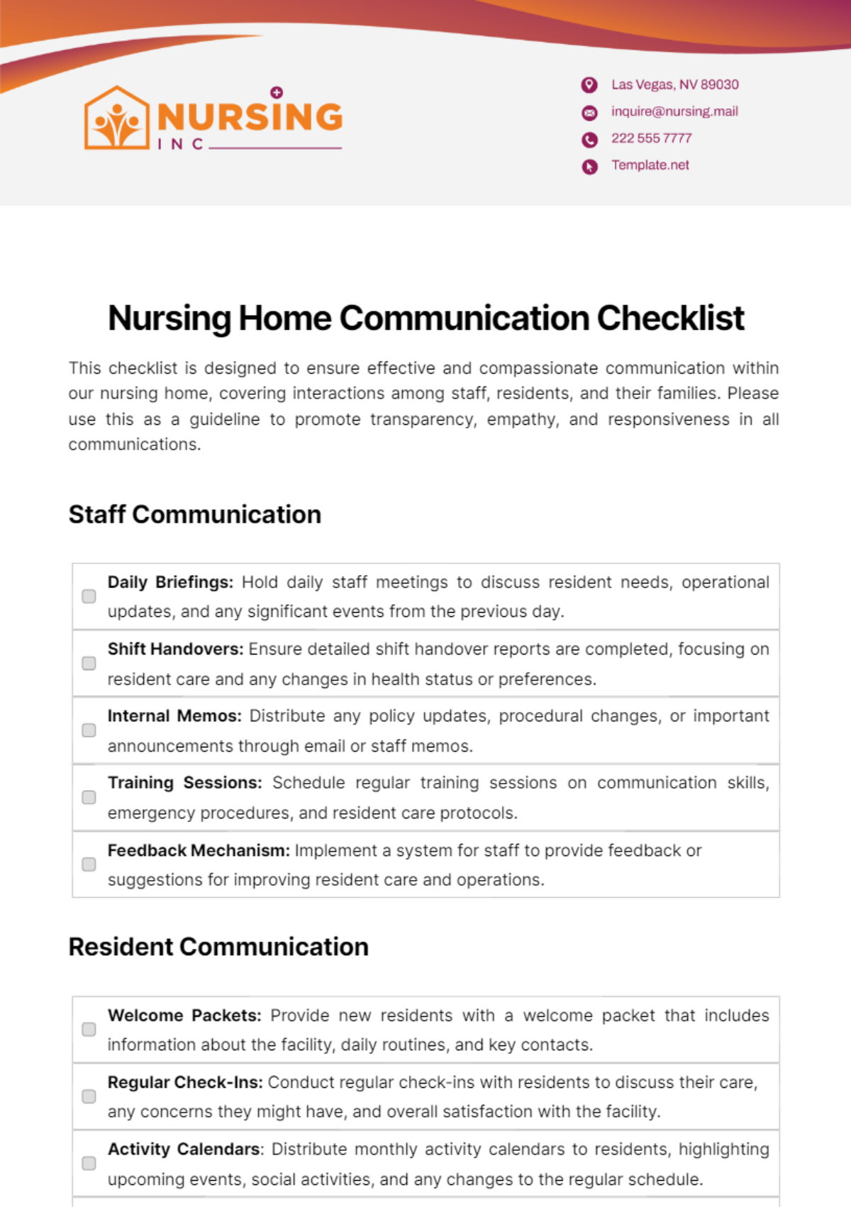 Nursing Home Communication Checklist Template