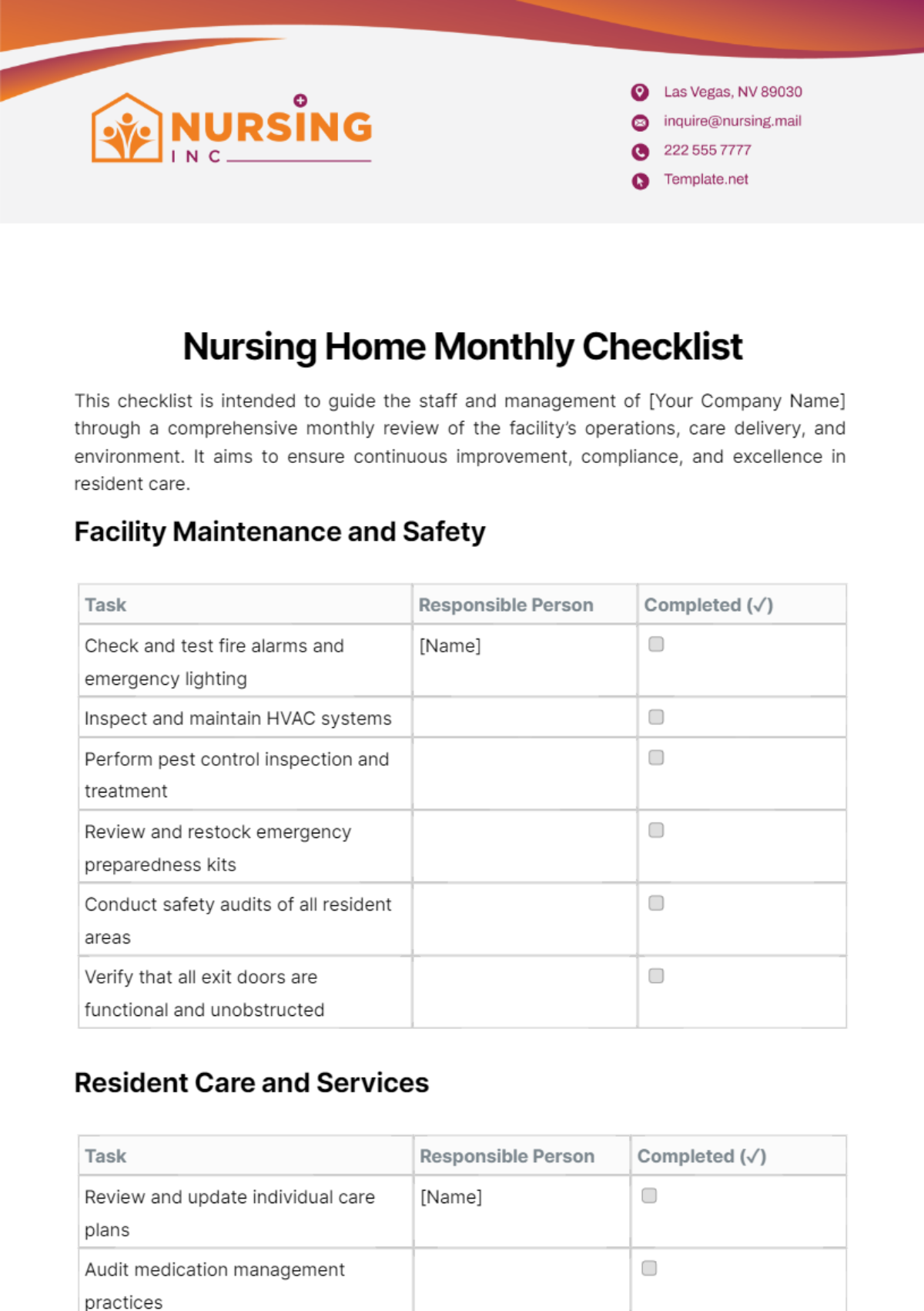 Nursing Home Monthly Checklist Template