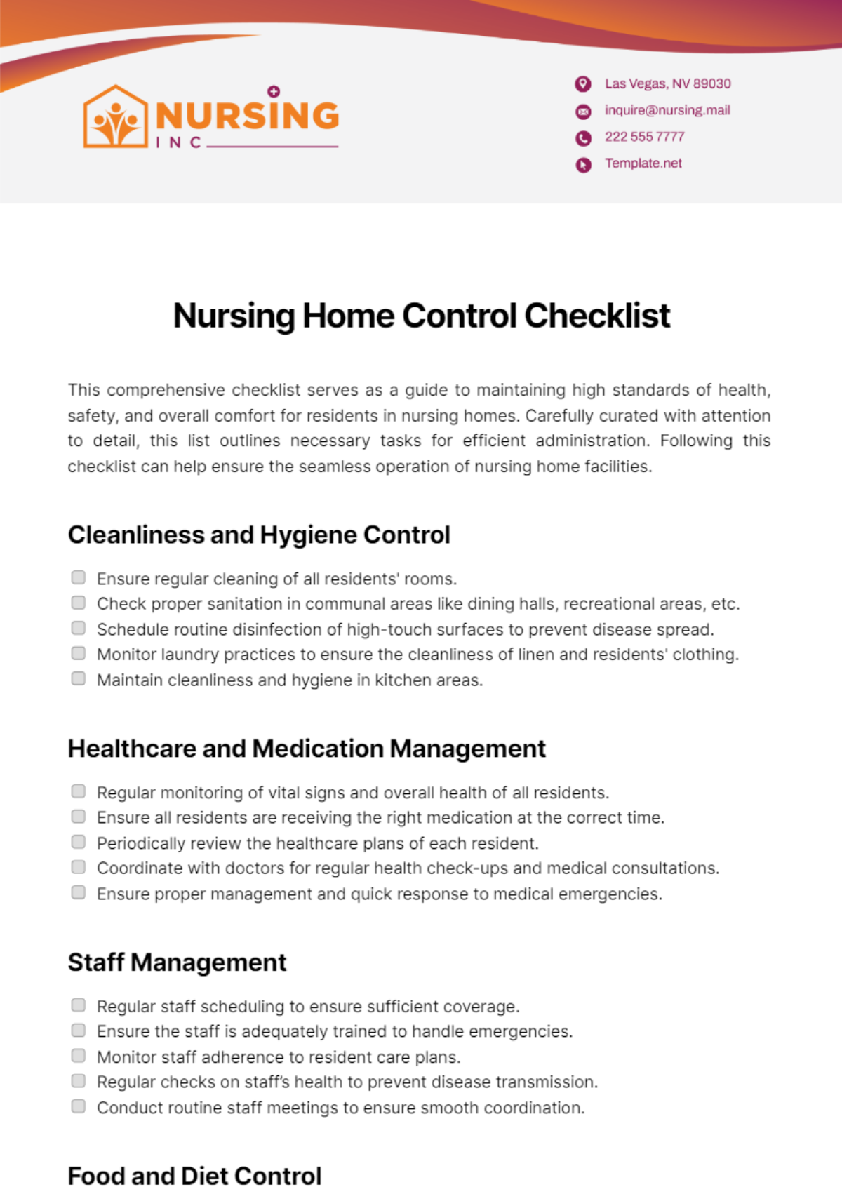Nursing Home Control Checklist Template