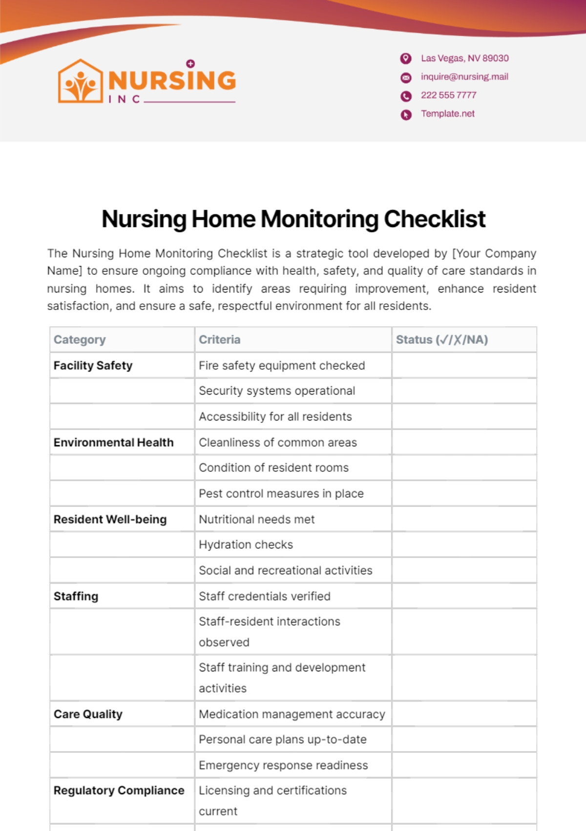 Nursing Home Monitoring Checklist Template