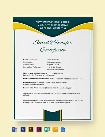 School Transfer Certificate Template - Google Docs, Illustrator, InDesign, Word, Apple Pages, PSD, Publisher