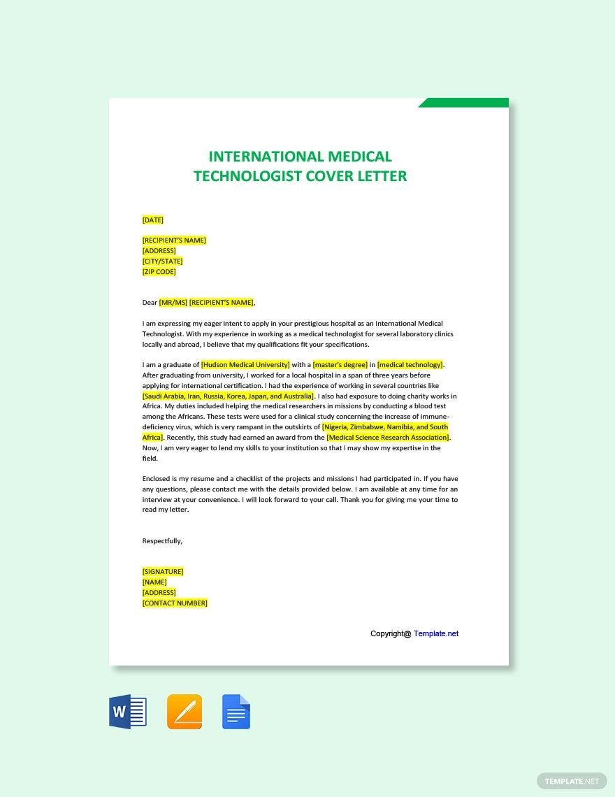 Free International Medical Technologist Cover Letter Template