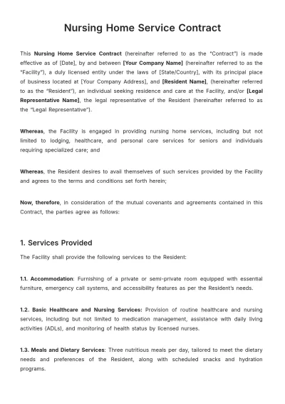 Free Nursing Home Service Contract Template to Edit Online