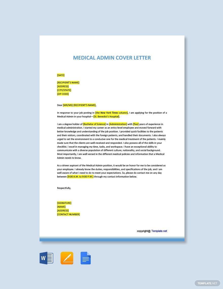 Free Medical Admin Cover Letter in Word, Google Docs, PDF, Apple Pages