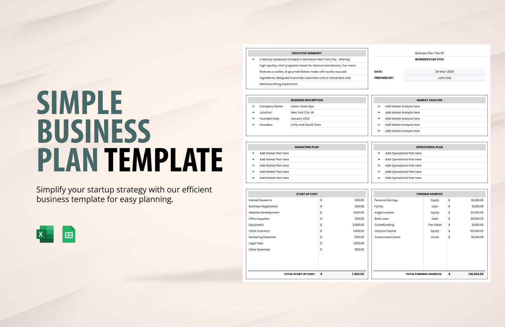 Simple Business Plan Template in Excel, Google Sheets
