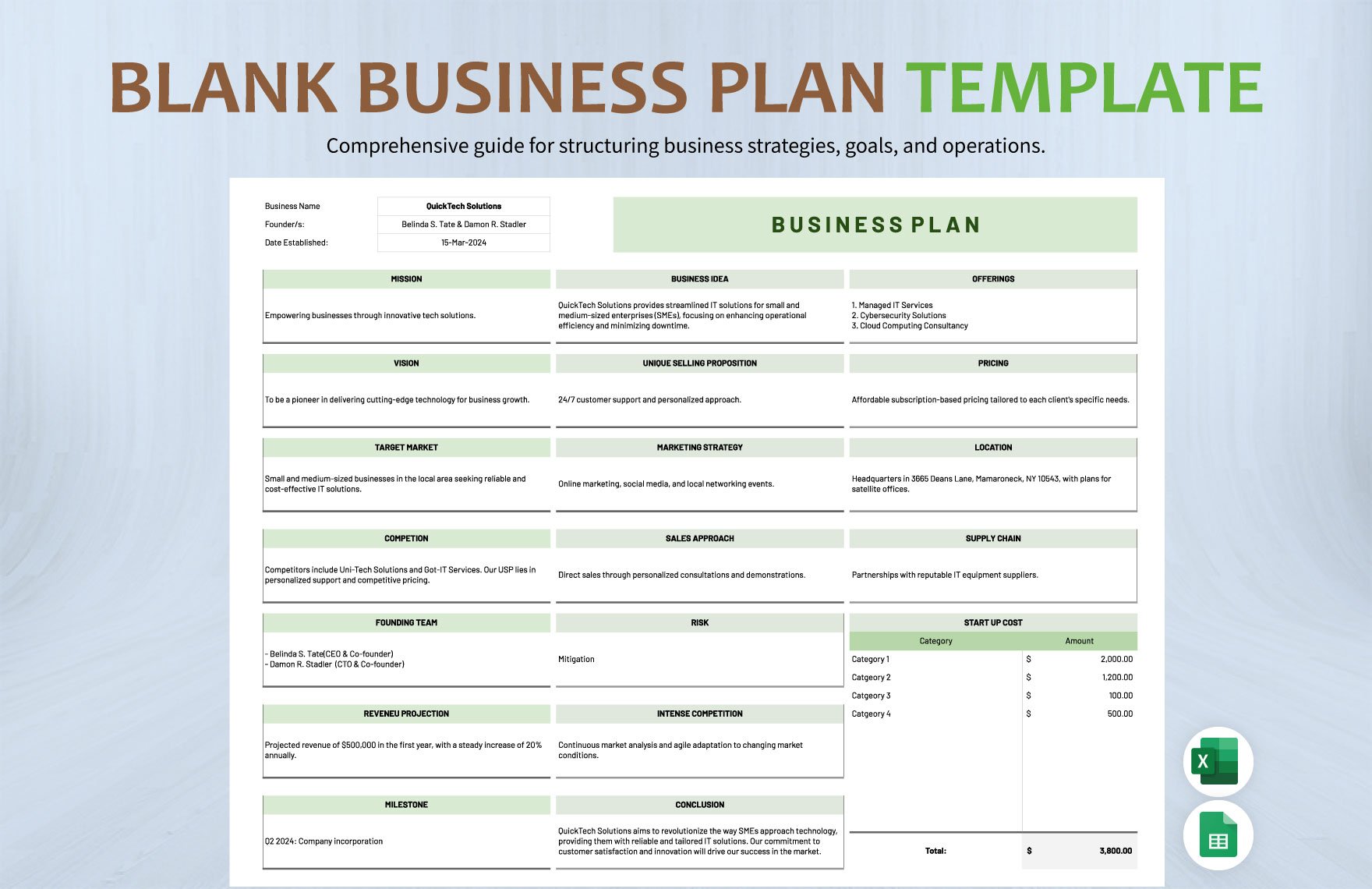Blank Business Plan Template in Excel, Google Sheets