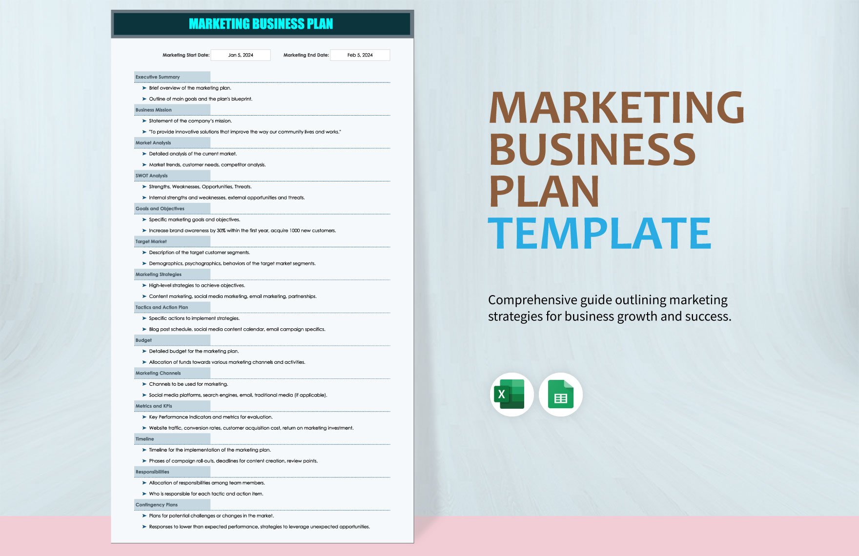 Marketing Business Plan Template in Excel, Google Sheets