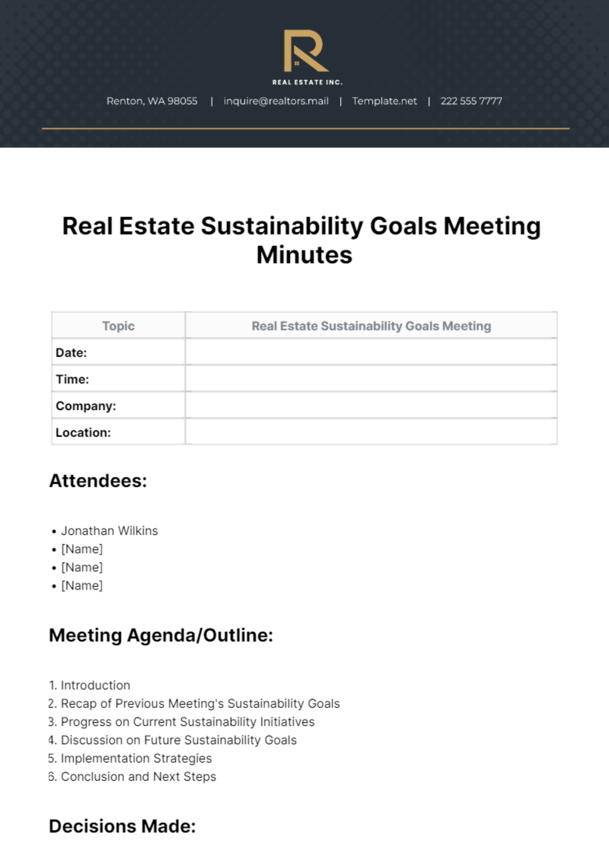 Free Real Estate Sustainability Goals Meeting Minute Template