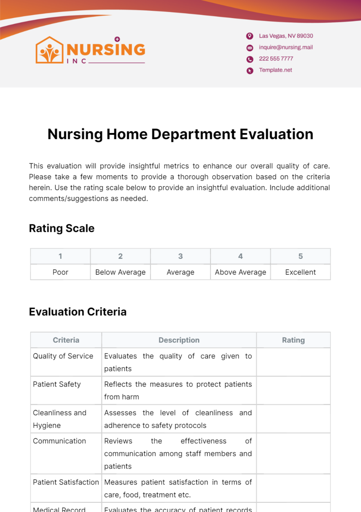 Nursing Home Department Evaluation Template