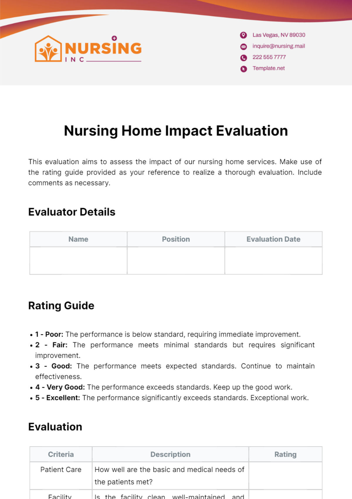 Nursing Home Impact Evaluation Template