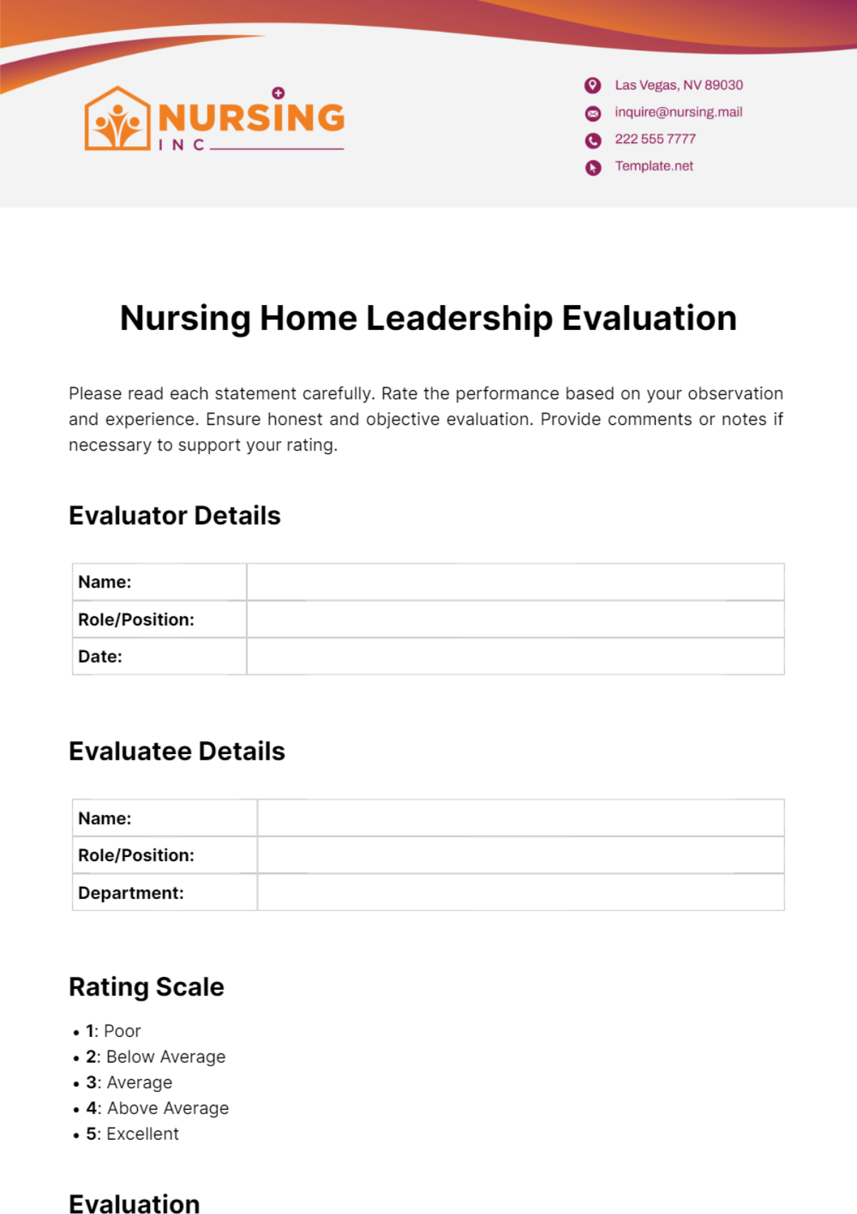 Nursing Home Leadership Evaluation Template