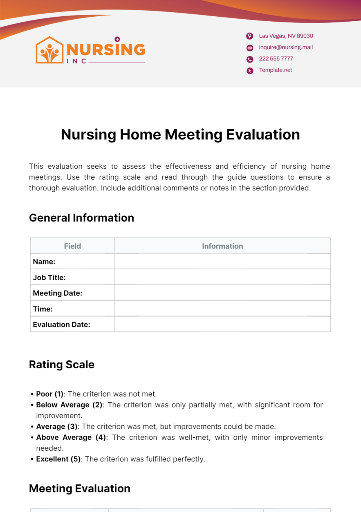 Nursing Home Meeting Evaluation Template