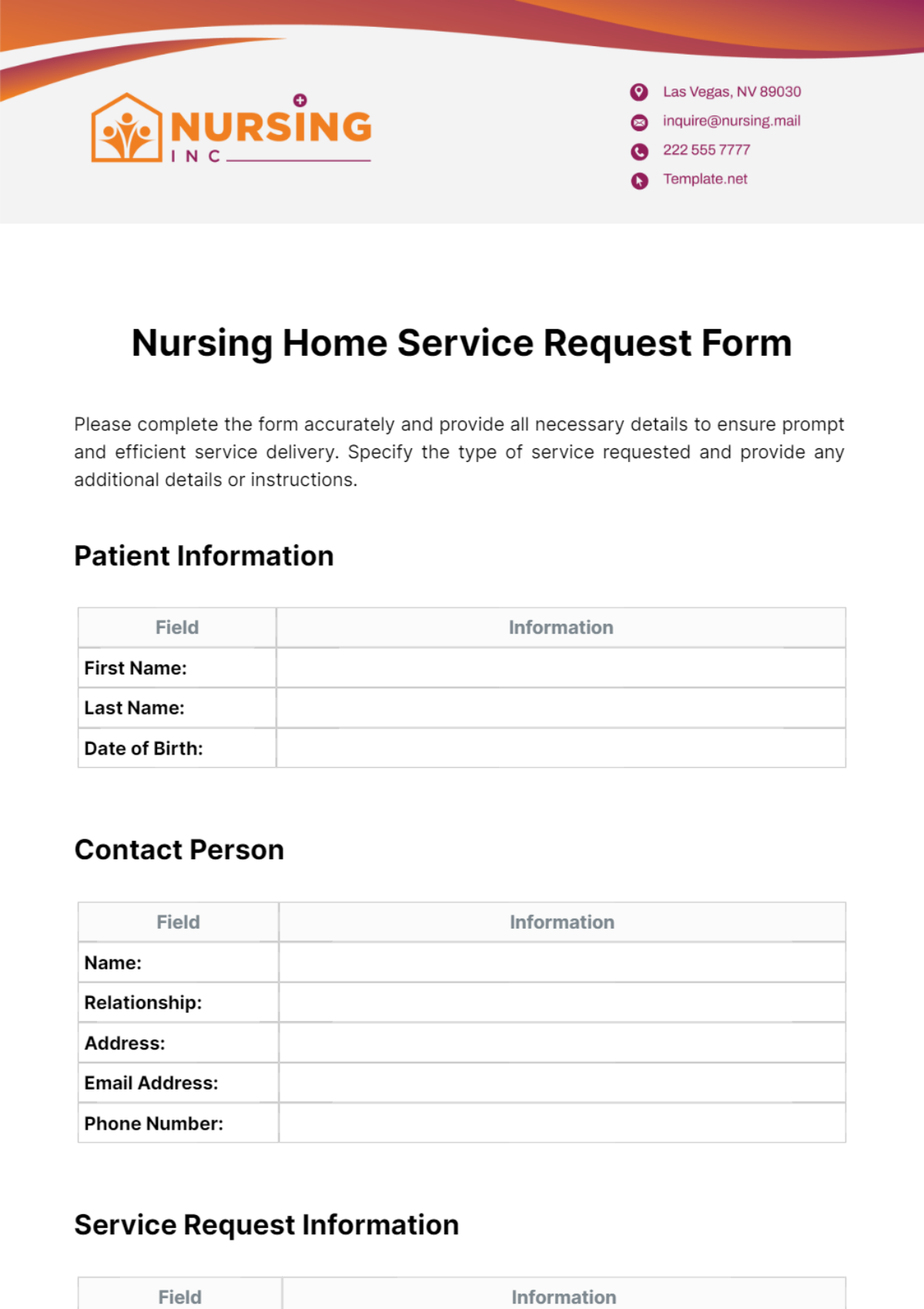 Nursing Home Service Request Form Template