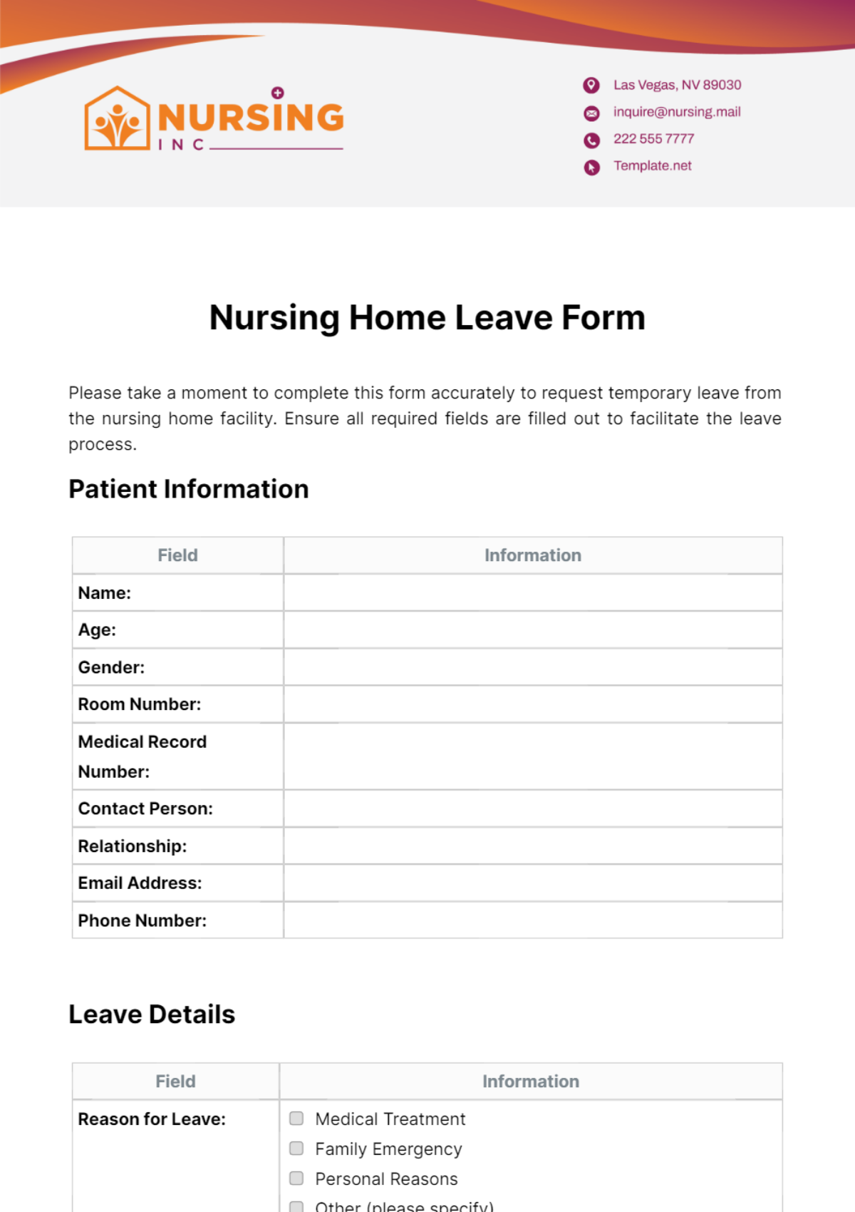 Nursing Home Leave Form Template