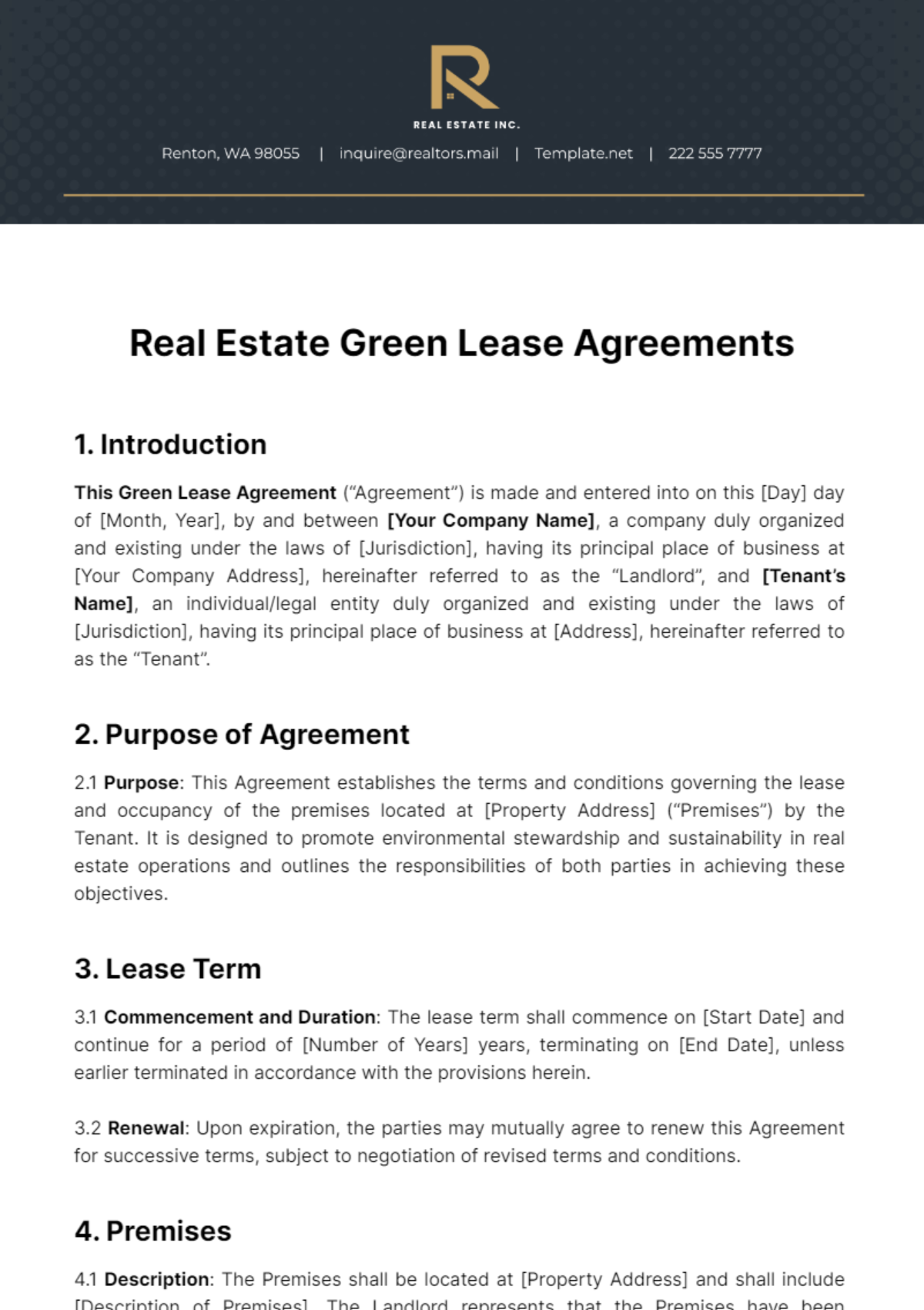 Free Real Estate Green Lease Agreements Template