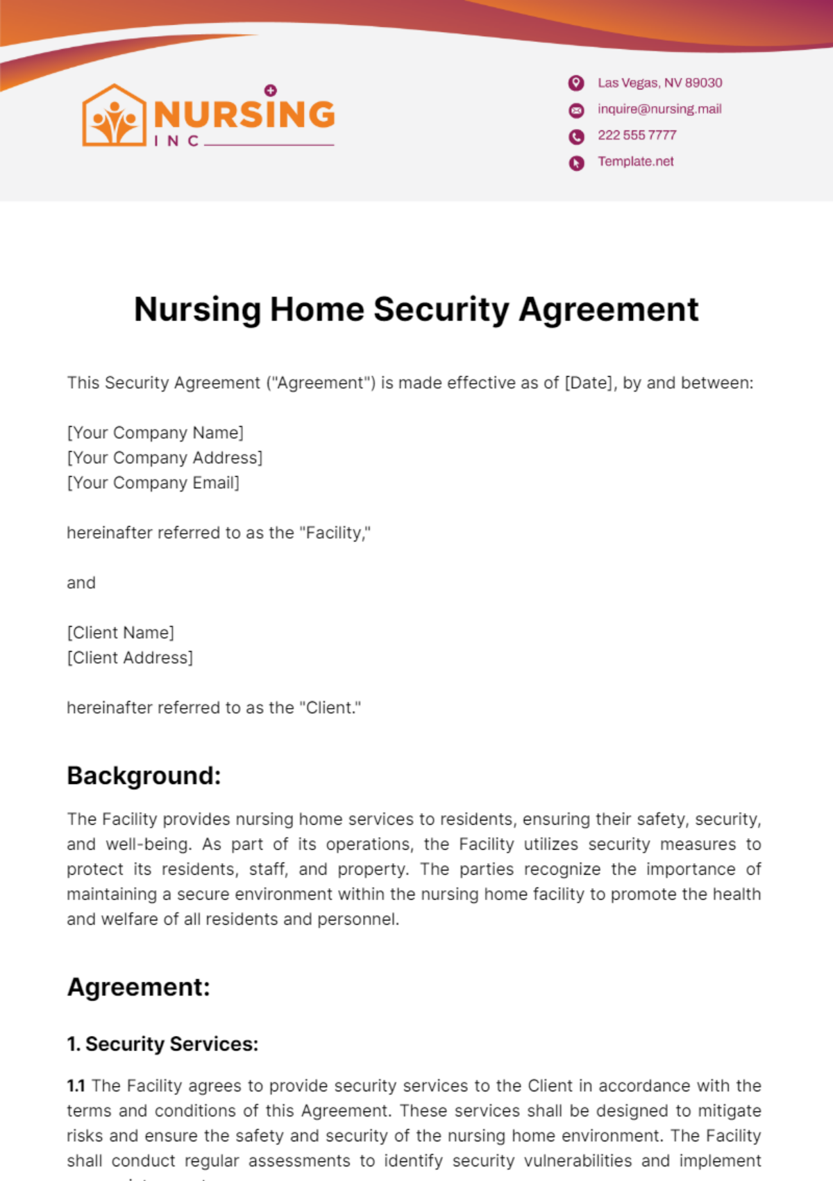Nursing Home Security Agreement Template