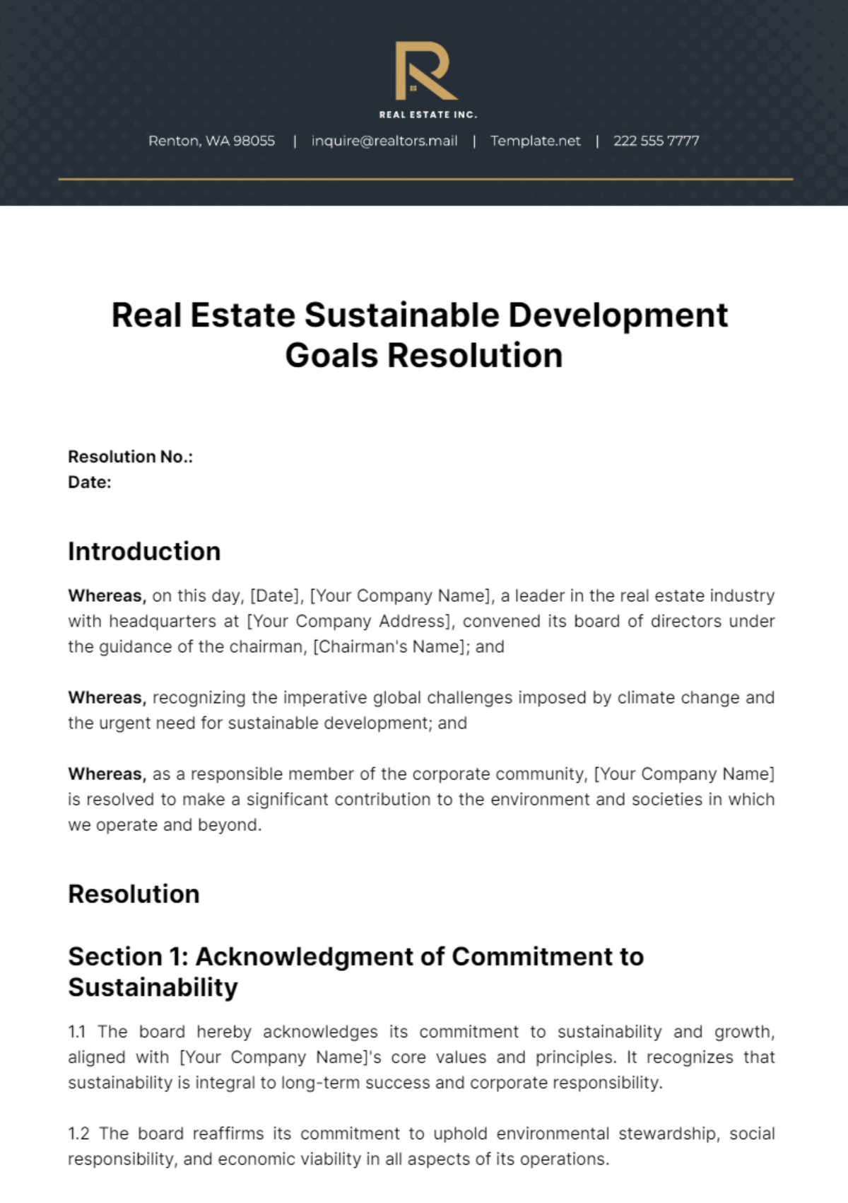 Real Estate Sustainable Development Goals Resolution Template