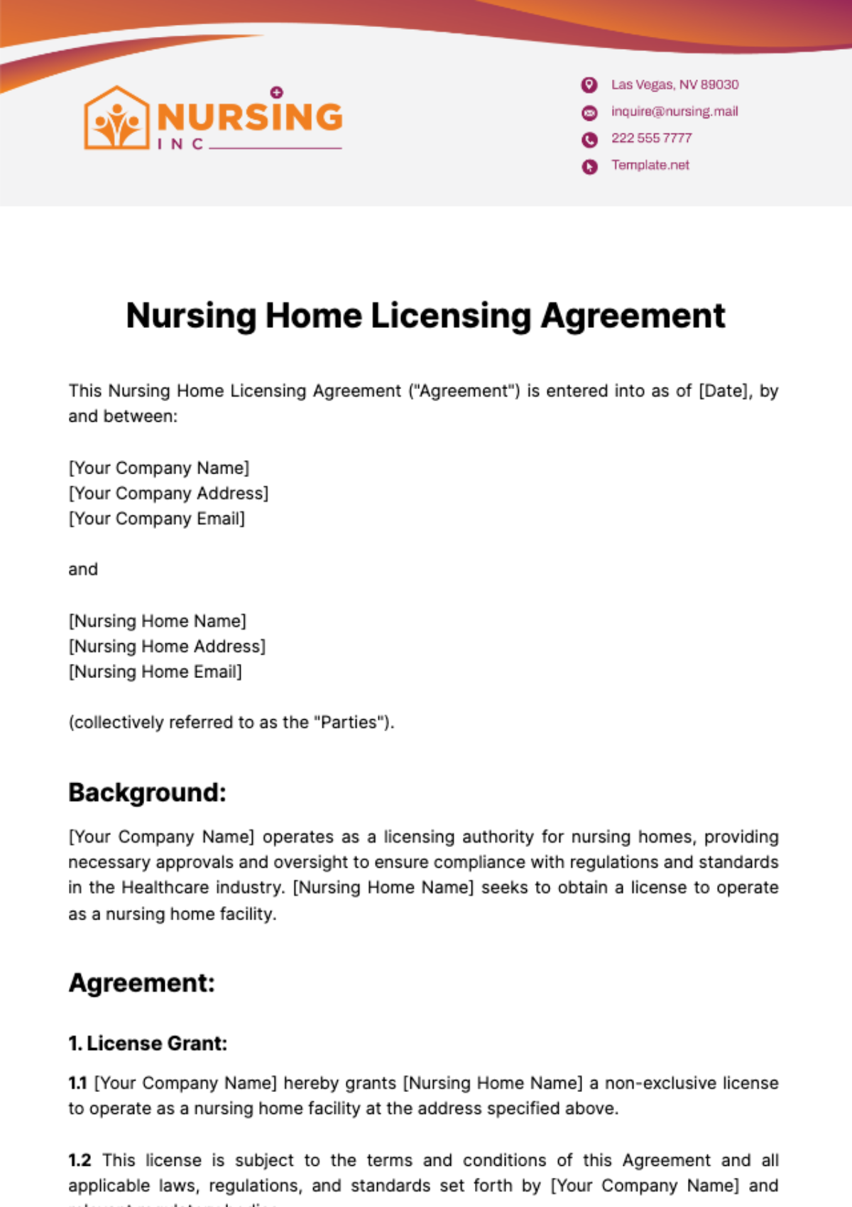 Nursing Home Licensing Agreement Template