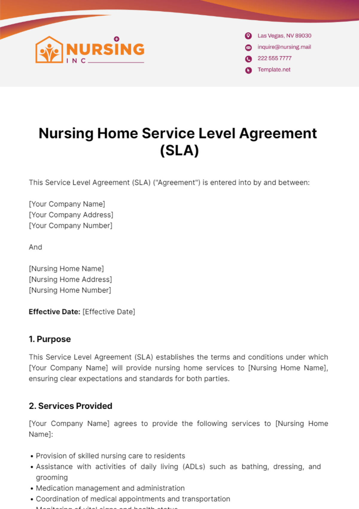 Nursing Home Service Level Agreement (SLA) Template