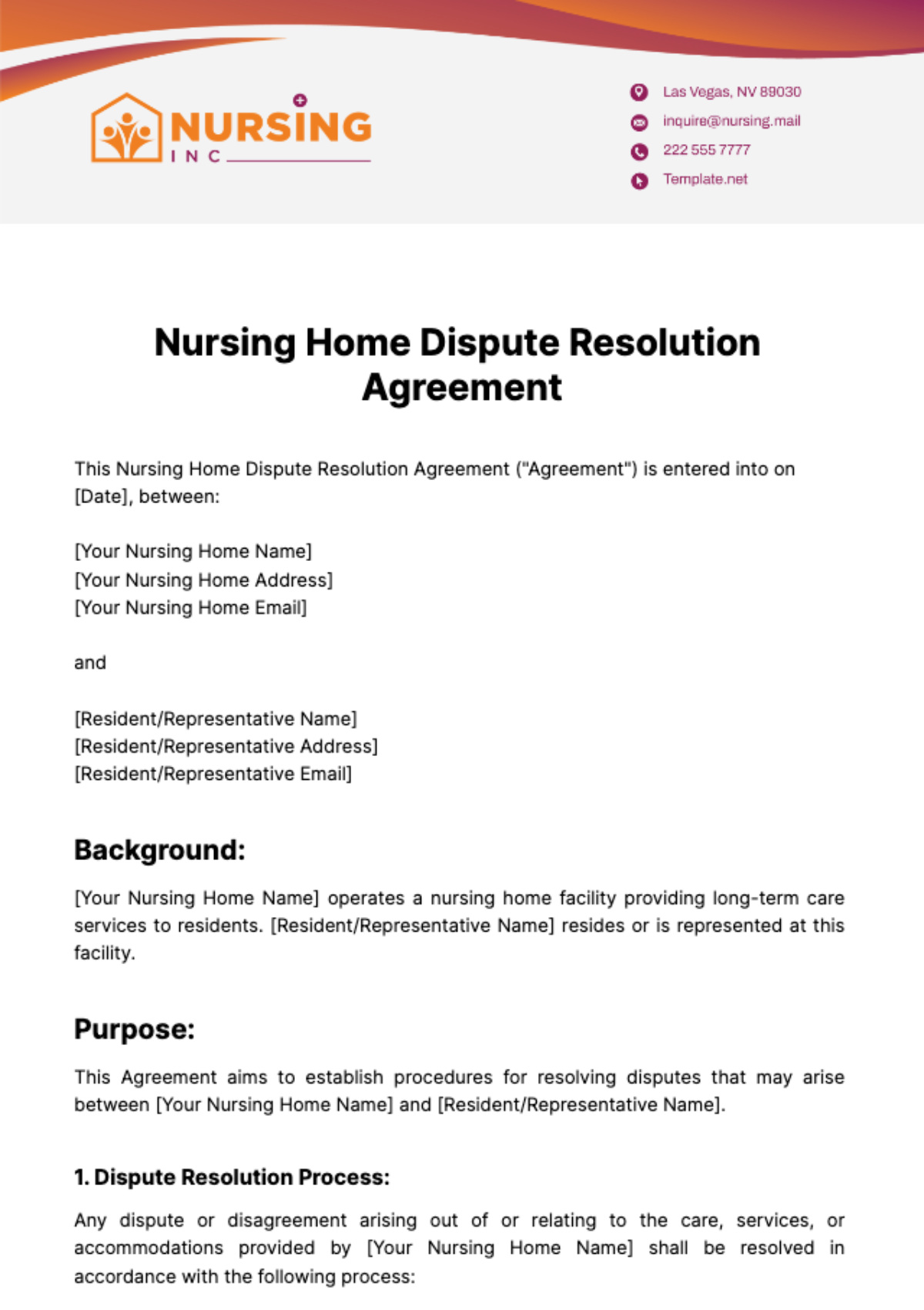 Nursing Home Dispute Resolution Agreement Template