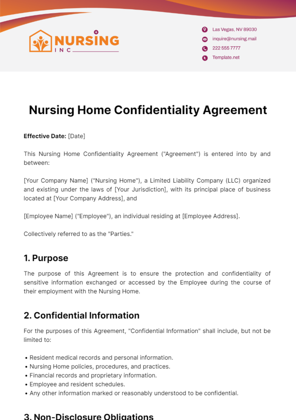 Nursing Home Confidentiality Agreement Template