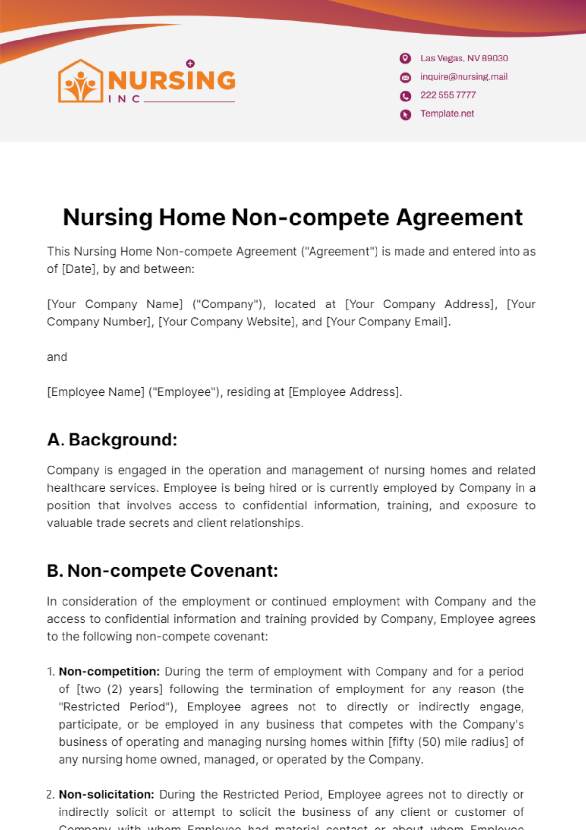 Nursing Home Non-compete Agreement Template