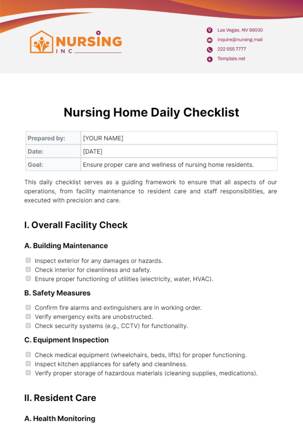 Nursing Home Daily Checklist Template