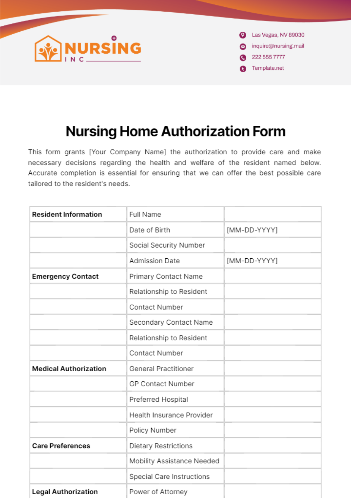 Nursing Home Authorization Form Template