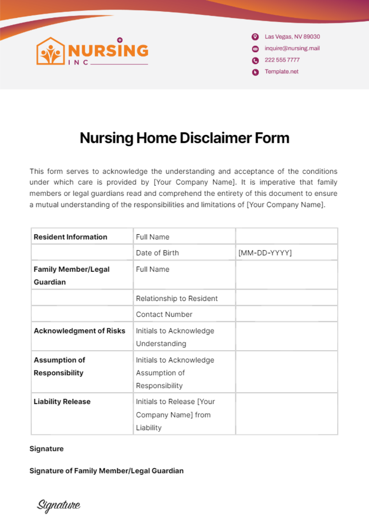 Nursing Home Disclaimer Form Template